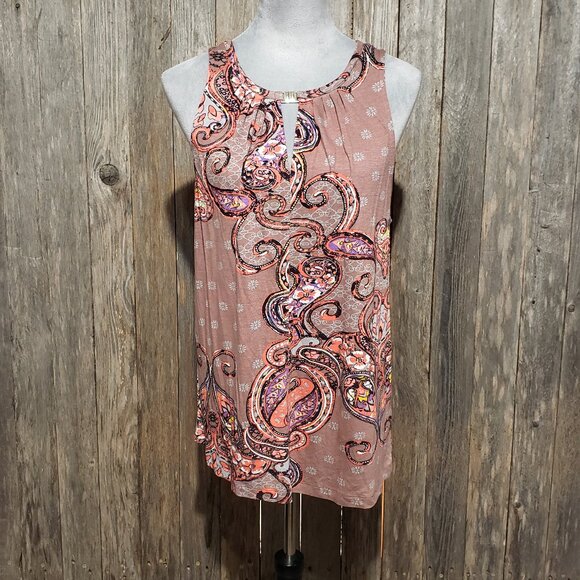 Lascana M 8 10 Women's Tank Top Pink Coral Paisley Keyhole Neck Jersey Knit - Picture 1 of 6